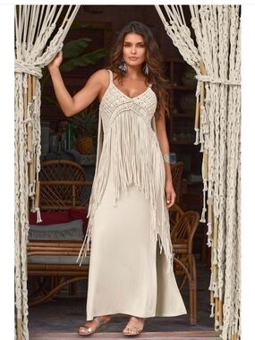 Boston Proper Boho Macramé Fringe Maxi Dress (White/Sz S)